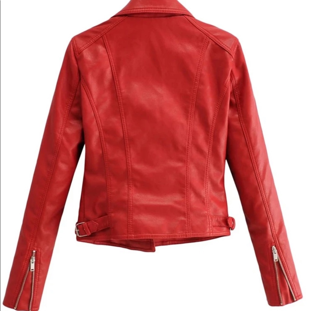 Vegan leather jacket zipper arms glam classic moto red - Picture 2 of 11